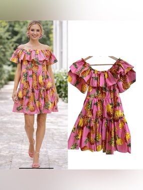 Ina Pink Pineapple Ruffle Off the Shoulder Tiered Mini Dress  Size L Bohemian